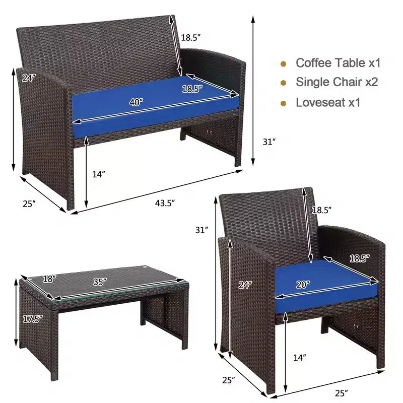 Conjunto de muebles de ratán para patio Costway de 8 piezas, silla acolchada, sofá y mesa de centro Blanco\Azul marino\Turquesa\Rojo
