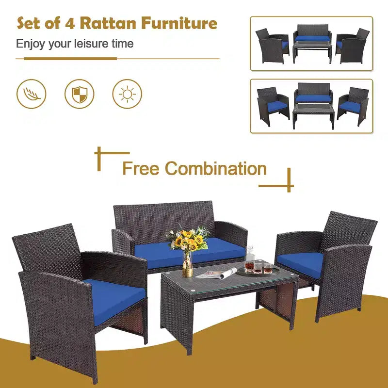 Conjunto de muebles de ratán para patio Costway de 8 piezas, silla acolchada, sofá y mesa de centro Blanco\Azul marino\Turquesa\Rojo