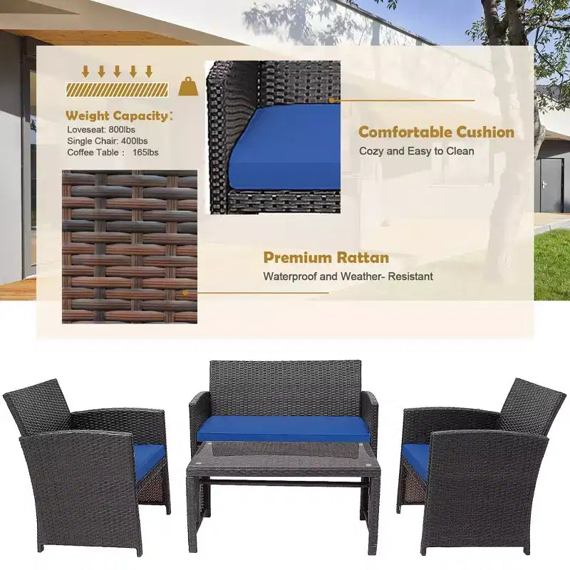 Conjunto de muebles de ratán para patio Costway de 8 piezas, silla acolchada, sofá y mesa de centro Blanco\Azul marino\Turquesa\Rojo