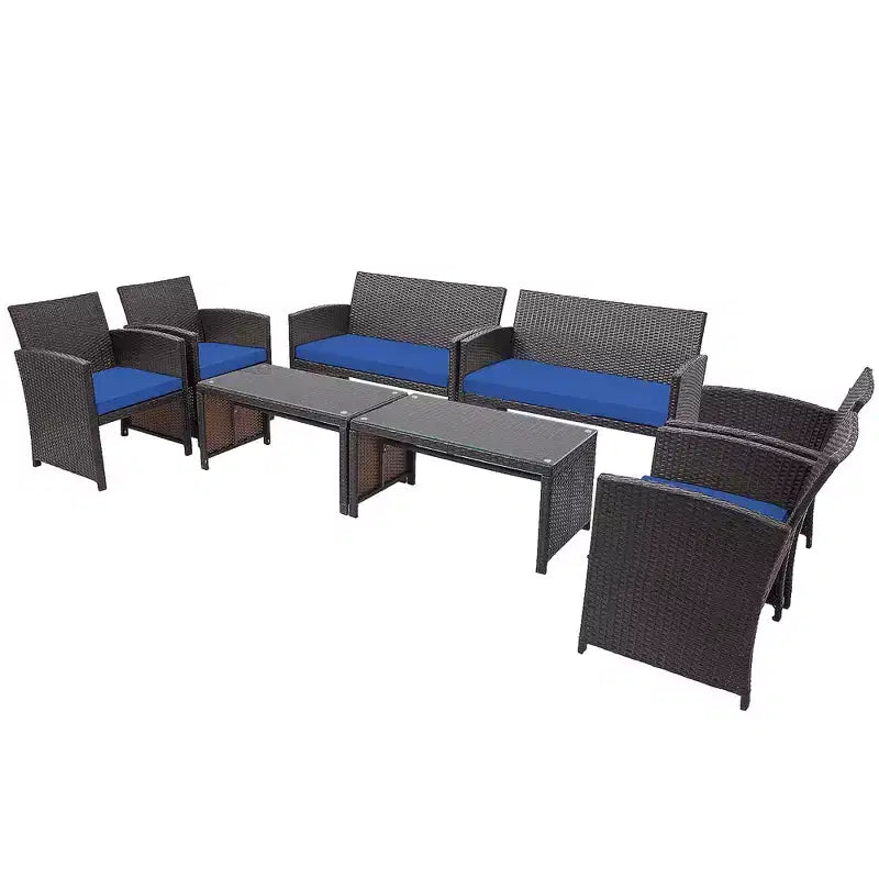 Conjunto de muebles de ratán para patio Costway de 8 piezas, silla acolchada, sofá y mesa de centro Blanco\Azul marino\Turquesa\Rojo