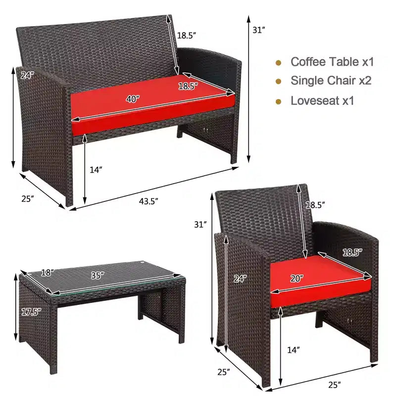Conjunto de muebles de ratán para patio Costway de 8 piezas, silla acolchada, sofá y mesa de centro Blanco\Azul marino\Turquesa\Rojo