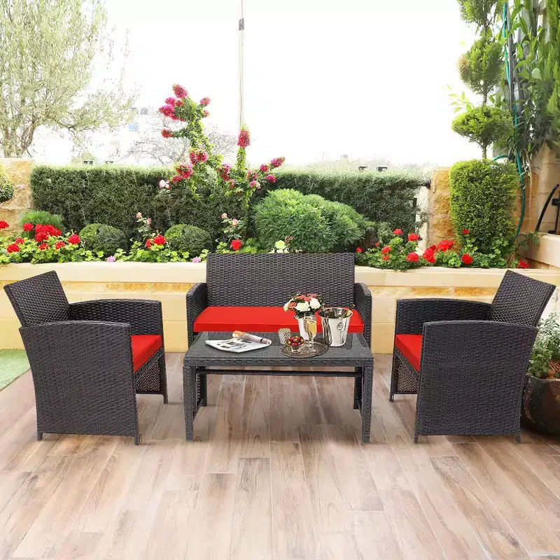 Conjunto de muebles de ratán para patio Costway de 8 piezas, silla acolchada, sofá y mesa de centro Blanco\Azul marino\Turquesa\Rojo