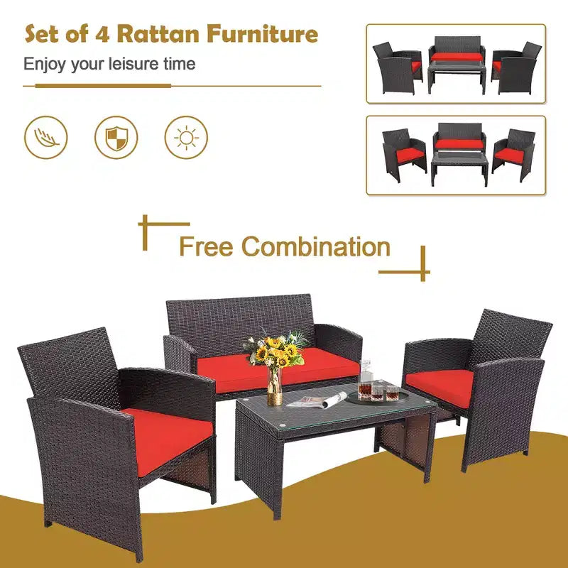 Conjunto de muebles de ratán para patio Costway de 8 piezas, silla acolchada, sofá y mesa de centro Blanco\Azul marino\Turquesa\Rojo