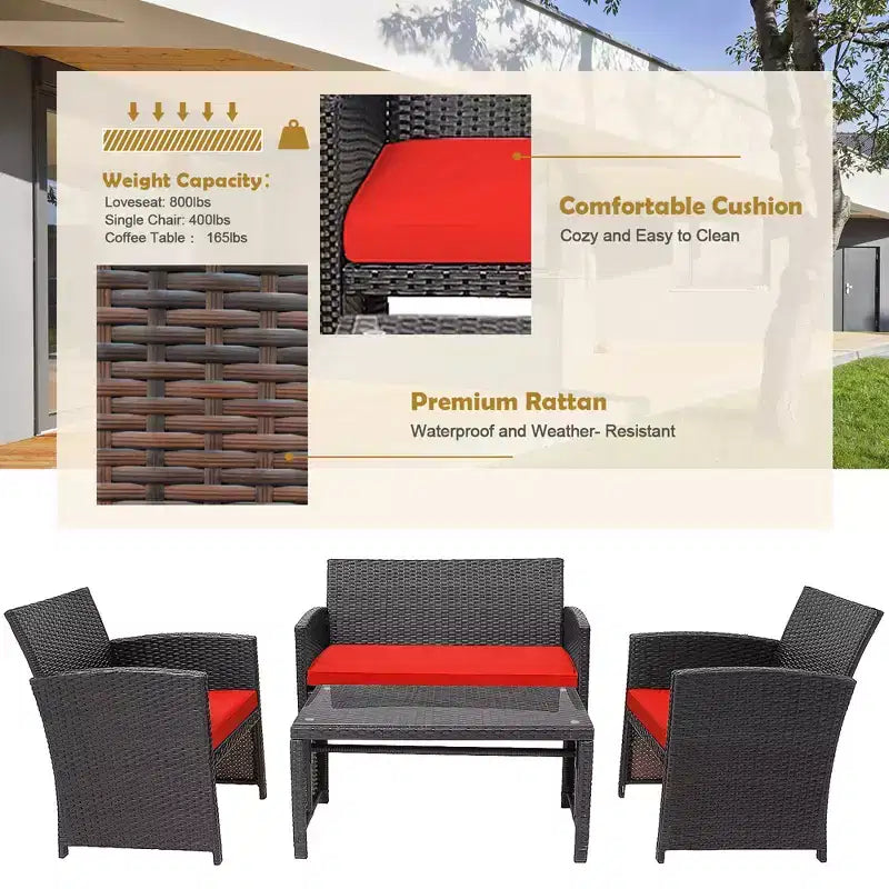 Conjunto de muebles de ratán para patio Costway de 8 piezas, silla acolchada, sofá y mesa de centro Blanco\Azul marino\Turquesa\Rojo