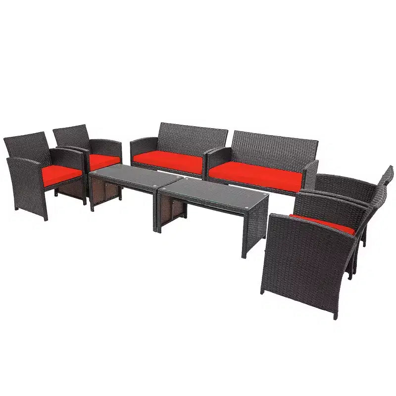Conjunto de muebles de ratán para patio Costway de 8 piezas, silla acolchada, sofá y mesa de centro Blanco\Azul marino\Turquesa\Rojo