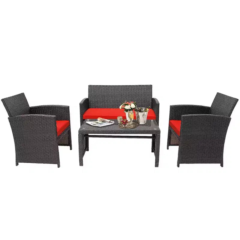 Conjunto de muebles de ratán para patio Costway de 8 piezas, silla acolchada, sofá y mesa de centro Blanco\Azul marino\Turquesa\Rojo