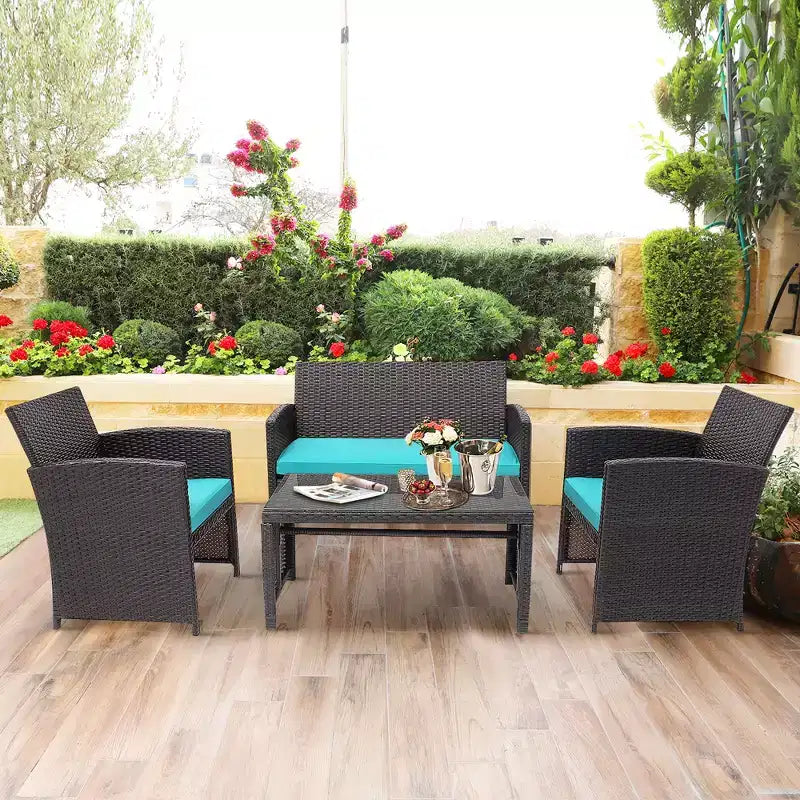 Conjunto de muebles de ratán para patio Costway de 8 piezas, silla acolchada, sofá y mesa de centro Blanco\Azul marino\Turquesa\Rojo
