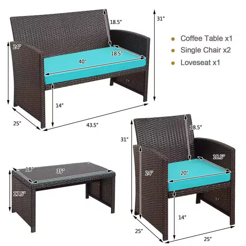 Conjunto de muebles de ratán para patio Costway de 8 piezas, silla acolchada, sofá y mesa de centro Blanco\Azul marino\Turquesa\Rojo