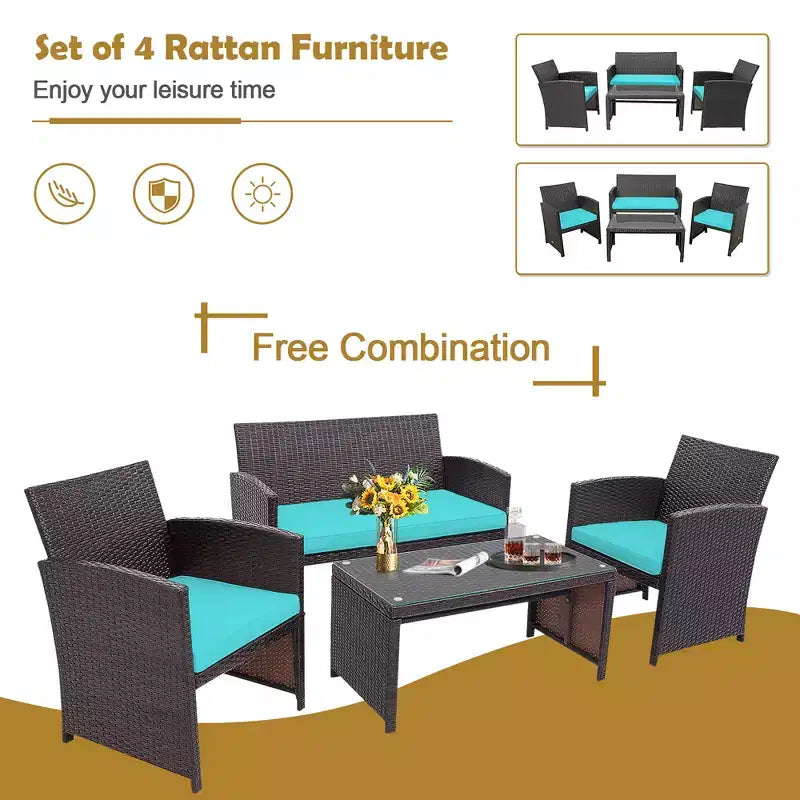 Conjunto de muebles de ratán para patio Costway de 8 piezas, silla acolchada, sofá y mesa de centro Blanco\Azul marino\Turquesa\Rojo