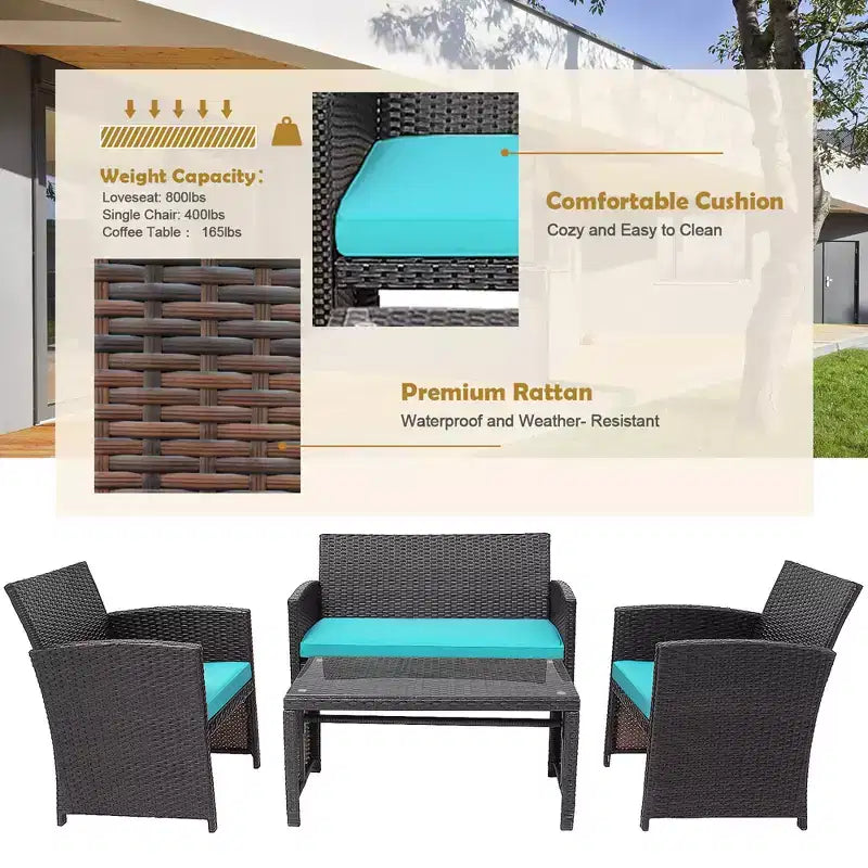 Conjunto de muebles de ratán para patio Costway de 8 piezas, silla acolchada, sofá y mesa de centro Blanco\Azul marino\Turquesa\Rojo