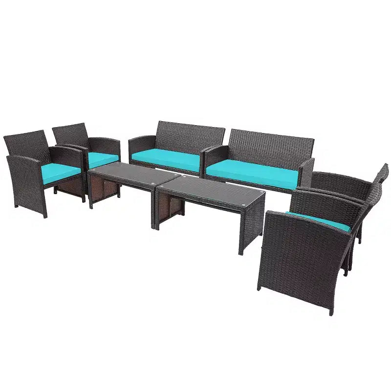 Conjunto de muebles de ratán para patio Costway de 8 piezas, silla acolchada, sofá y mesa de centro Blanco\Azul marino\Turquesa\Rojo
