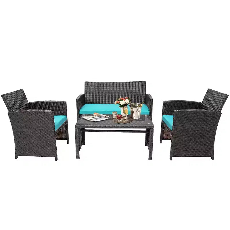 Conjunto de muebles de ratán para patio Costway de 8 piezas, silla acolchada, sofá y mesa de centro Blanco\Azul marino\Turquesa\Rojo