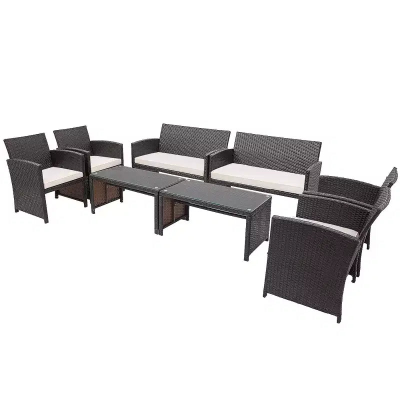 Conjunto de muebles de ratán para patio Costway de 8 piezas, silla acolchada, sofá y mesa de centro Blanco\Azul marino\Turquesa\Rojo