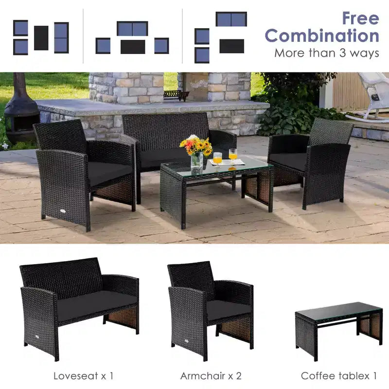 Conjunto de muebles de ratán para patio Costway de 8 piezas, silla acolchada, sofá y mesa de centro Blanco\Azul marino\Turquesa\Rojo