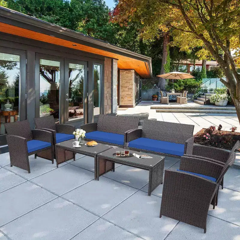 Conjunto de muebles de ratán para patio Costway de 8 piezas, silla acolchada, sofá y mesa de centro Blanco\Azul marino\Turquesa\Rojo