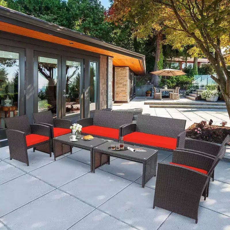 Conjunto de muebles de ratán para patio Costway de 8 piezas, silla acolchada, sofá y mesa de centro Blanco\Azul marino\Turquesa\Rojo