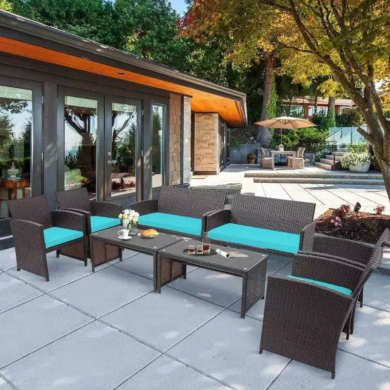 Conjunto de muebles de ratán para patio Costway de 8 piezas, silla acolchada, sofá y mesa de centro Blanco\Azul marino\Turquesa\Rojo