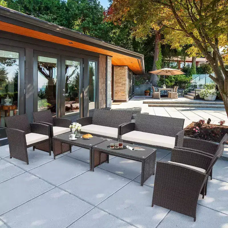 Conjunto de muebles de ratán para patio Costway de 8 piezas, silla acolchada, sofá y mesa de centro Blanco\Azul marino\Turquesa\Rojo