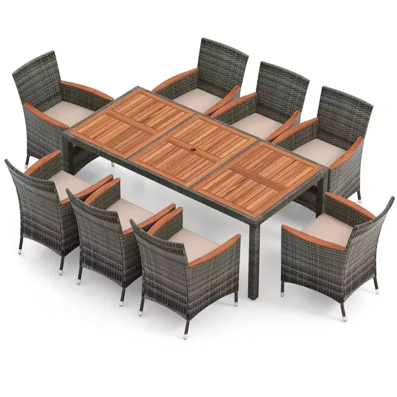Ensemble repas de jardin Costway 9 pièces en rotin, gris mélangé, avec table en bois d’acacia et chaises rembourrées