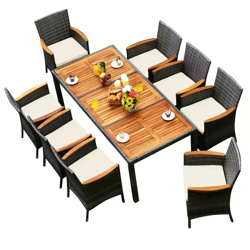 Ensemble repas de jardin Costway 9 pièces en rotin, gris mélangé, avec table en bois d’acacia et chaises rembourrées