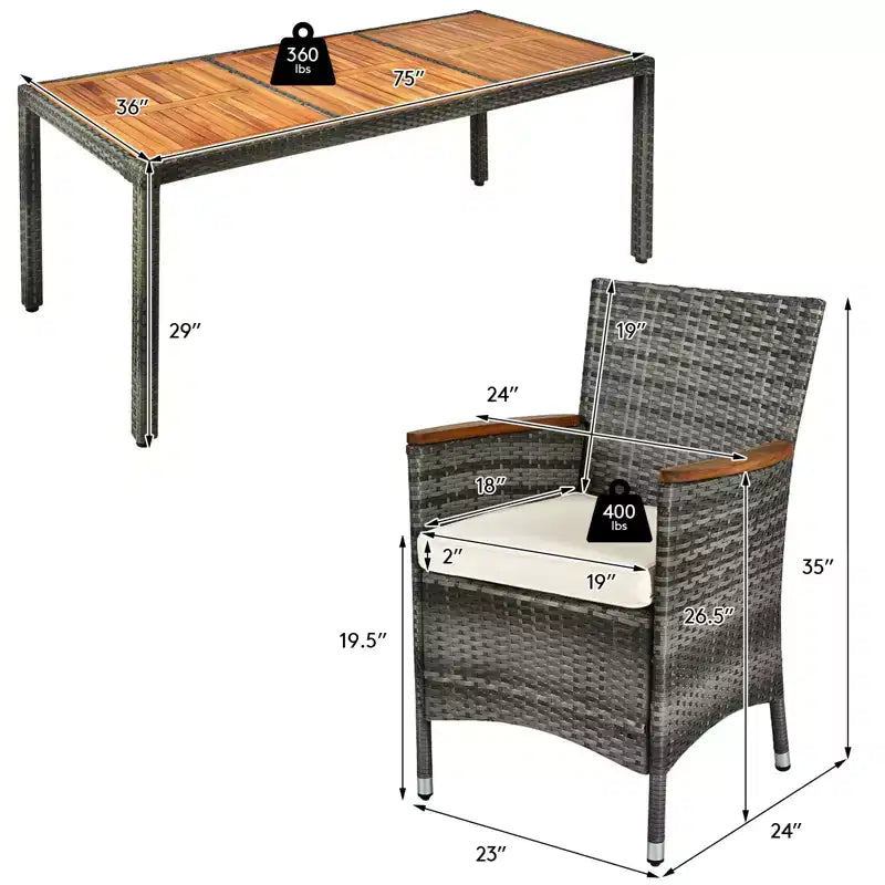 Ensemble repas de jardin Costway 9 pièces en rotin, gris mélangé, avec table en bois d’acacia et chaises rembourrées