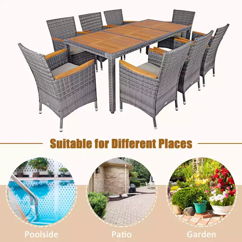 Ensemble repas de jardin Costway 9 pièces en rotin, gris mélangé, avec table en bois d’acacia et chaises rembourrées