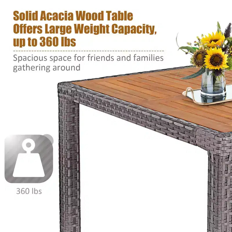 Ensemble repas de jardin Costway 9 pièces en rotin, gris mélangé, avec table en bois d’acacia et chaises rembourrées