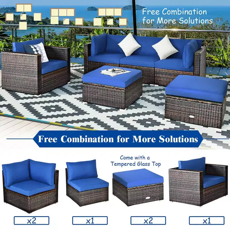 Conjunto de muebles de ratán para patio de 6 piezas de Costway, sofá seccional con cojines, mesa de centro y otomana, azul marino
