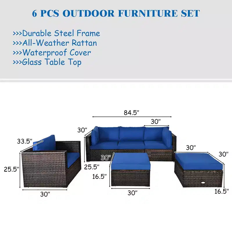 Conjunto de muebles de ratán para patio de 6 piezas de Costway, sofá seccional con cojines, mesa de centro y otomana, azul marino