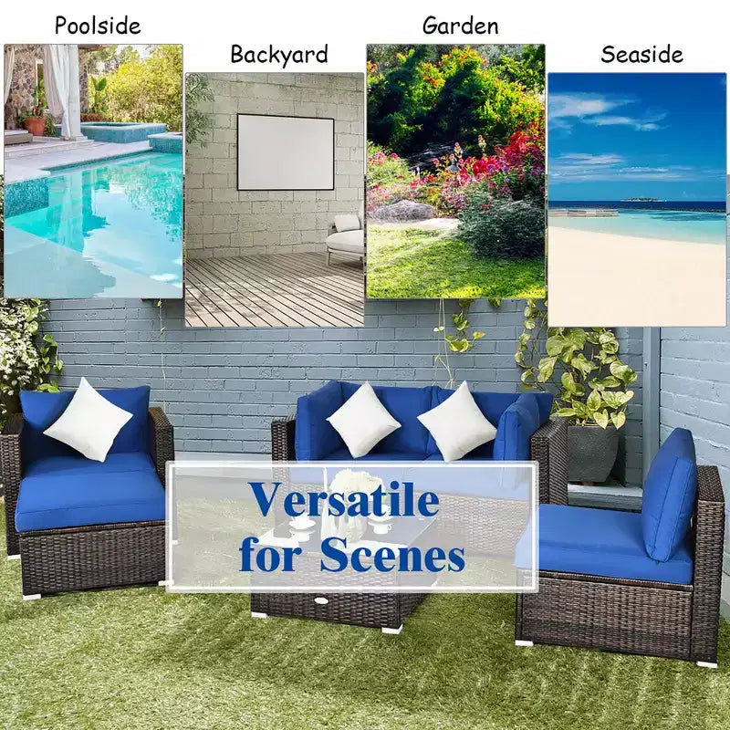 Conjunto de muebles de ratán para patio de 6 piezas de Costway, sofá seccional con cojines, mesa de centro y otomana, azul marino