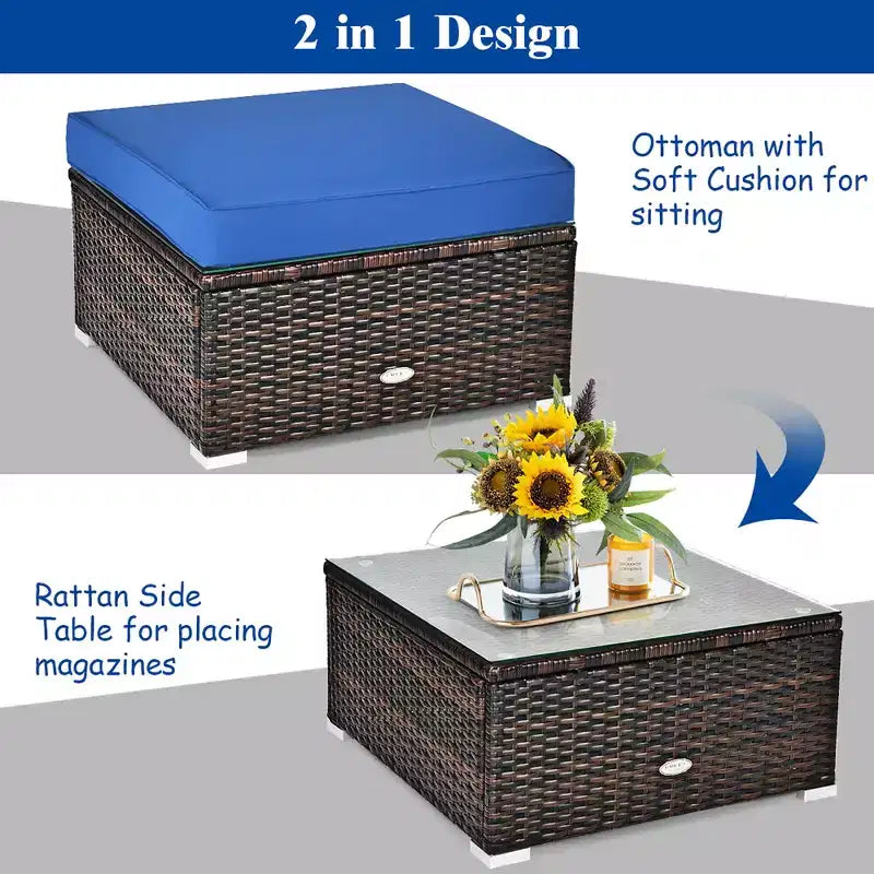 Conjunto de muebles de ratán para patio de 6 piezas de Costway, sofá seccional con cojines, mesa de centro y otomana, azul marino