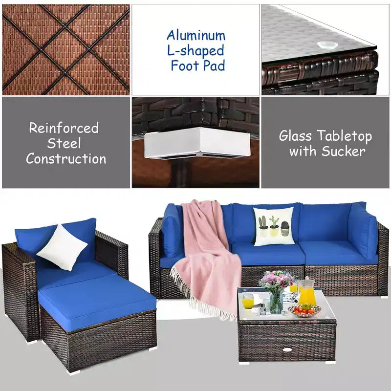 Conjunto de muebles de ratán para patio de 6 piezas de Costway, sofá seccional con cojines, mesa de centro y otomana, azul marino