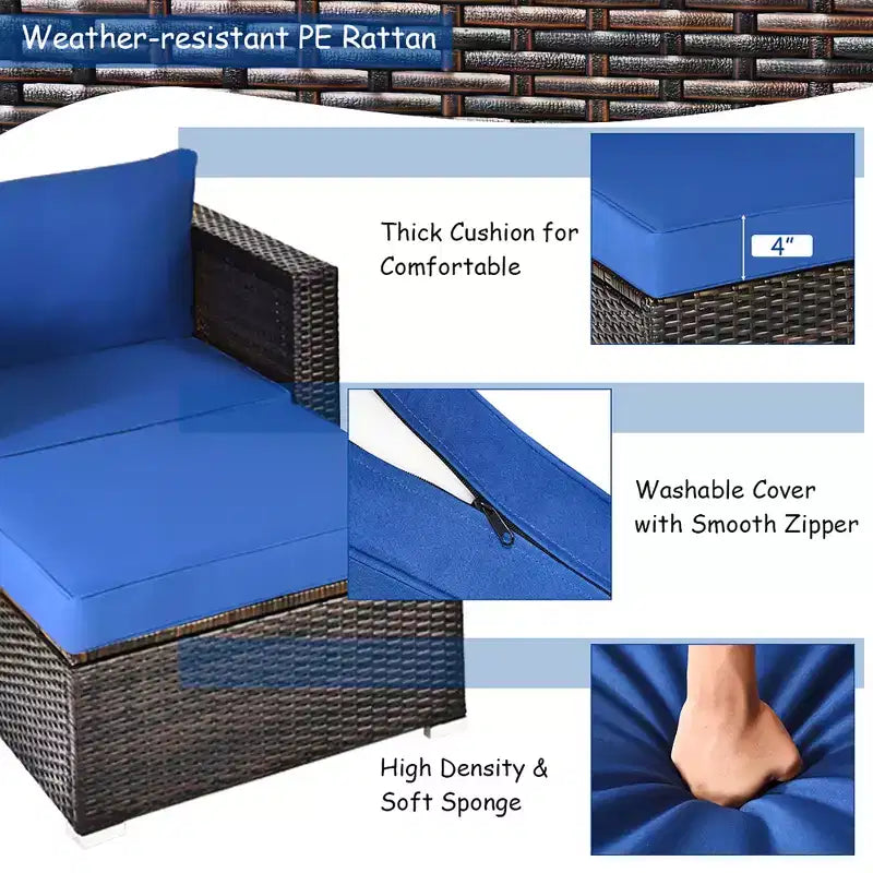 Conjunto de muebles de ratán para patio de 6 piezas de Costway, sofá seccional con cojines, mesa de centro y otomana, azul marino