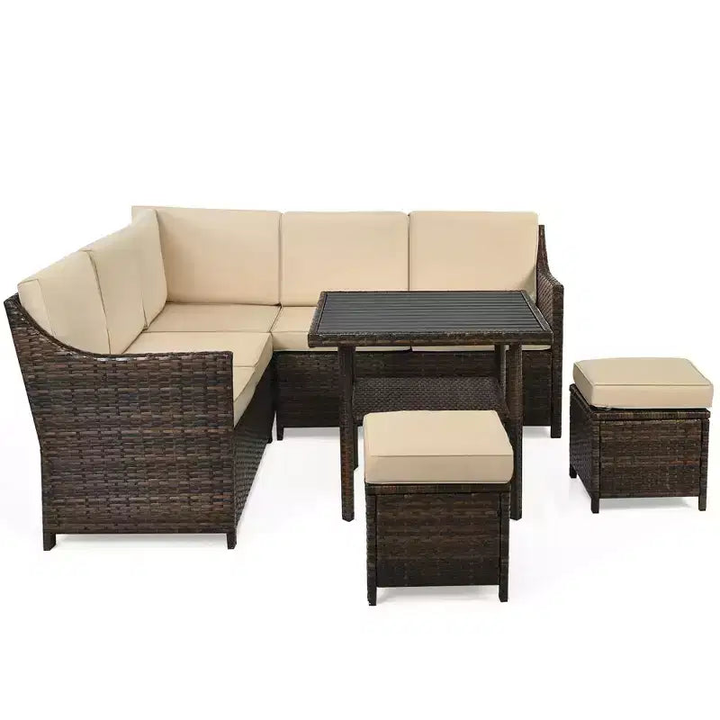 Conjunto de sofá comedor de ratán para patio de 6 piezas Costway, otomana, mesa y estante inferior
