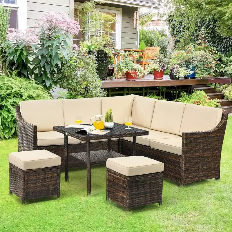 Conjunto de sofá comedor de ratán para patio de 6 piezas Costway, otomana, mesa y estante inferior