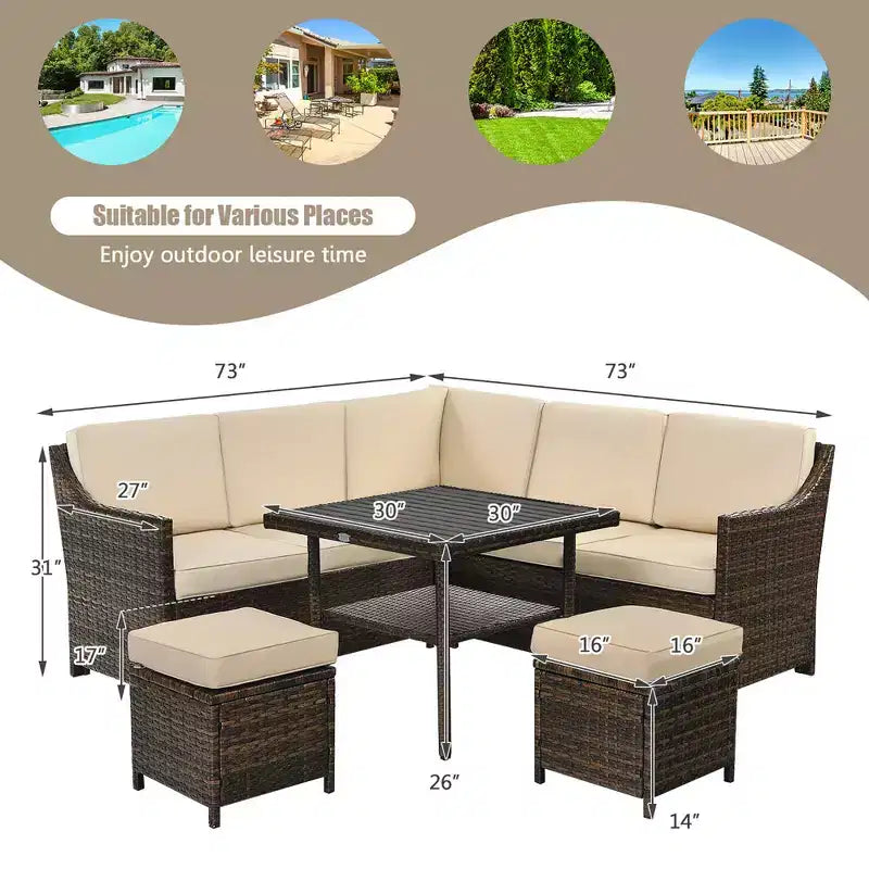 Conjunto de sofá comedor de ratán para patio de 6 piezas Costway, otomana, mesa y estante inferior