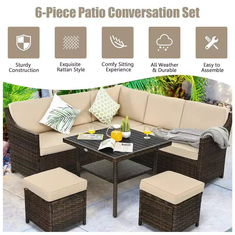 Conjunto de sofá comedor de ratán para patio de 6 piezas Costway, otomana, mesa y estante inferior