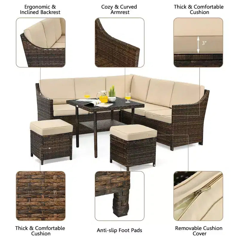 Conjunto de sofá comedor de ratán para patio de 6 piezas Costway, otomana, mesa y estante inferior