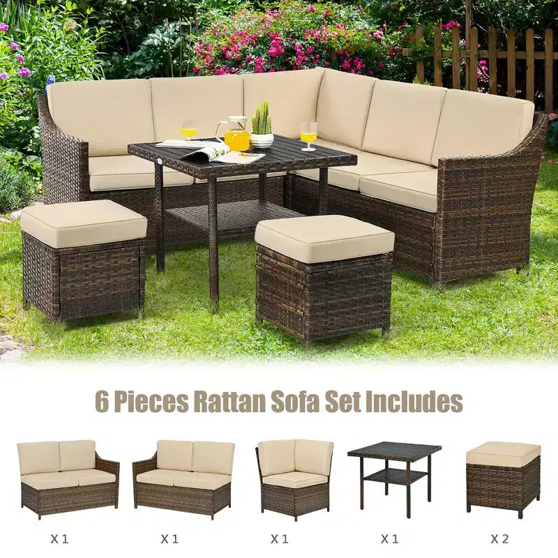 Conjunto de sofá comedor de ratán para patio de 6 piezas Costway, otomana, mesa y estante inferior