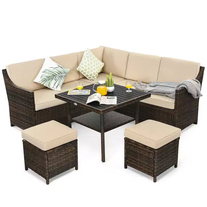 Conjunto de sofá comedor de ratán para patio de 6 piezas Costway, otomana, mesa y estante inferior