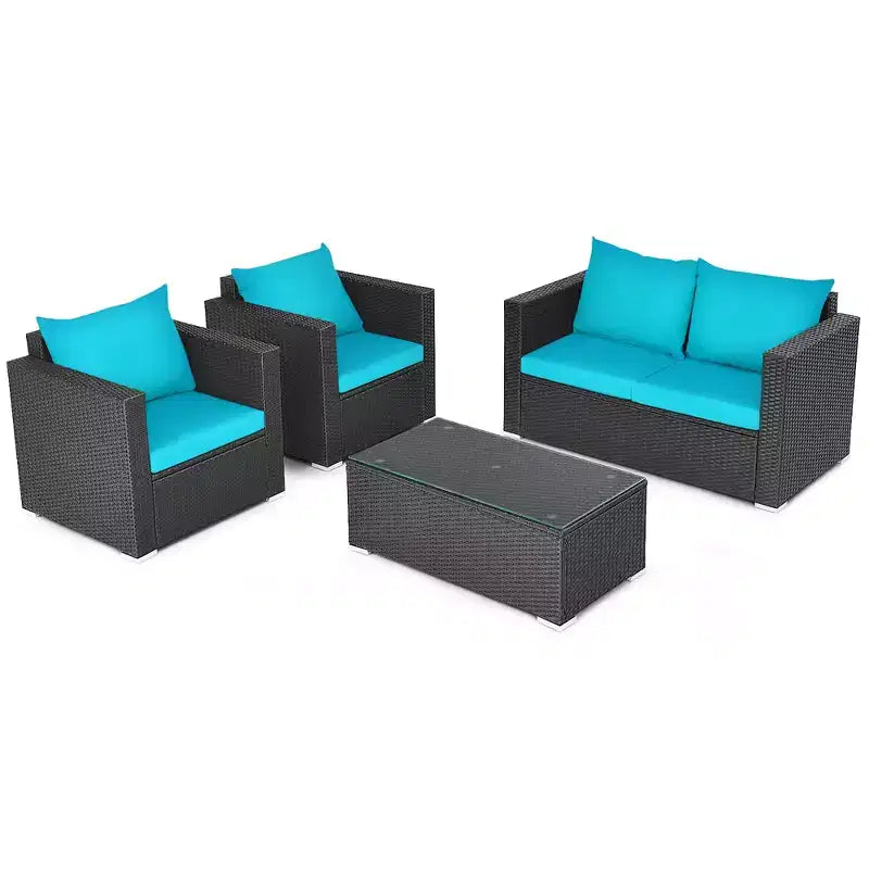 Conjunto Costway de 4 piezas para patio con sofá y silla de ratán acolchados y mesa de café, turquesa