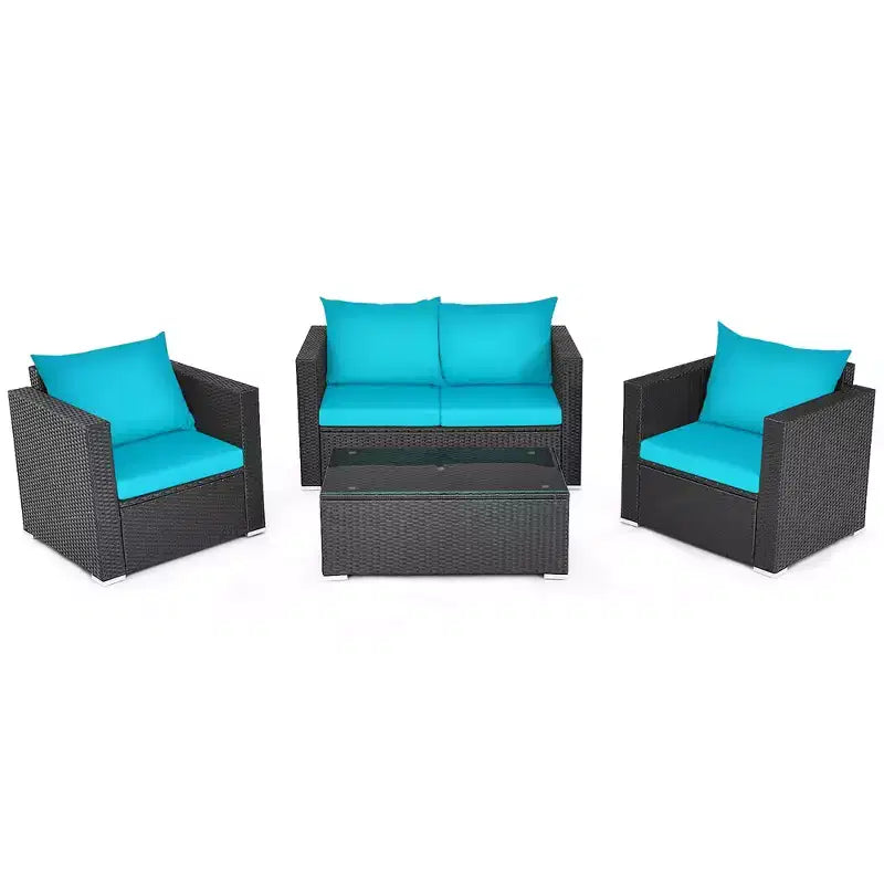 Conjunto Costway de 4 piezas para patio con sofá y silla de ratán acolchados y mesa de café, turquesa