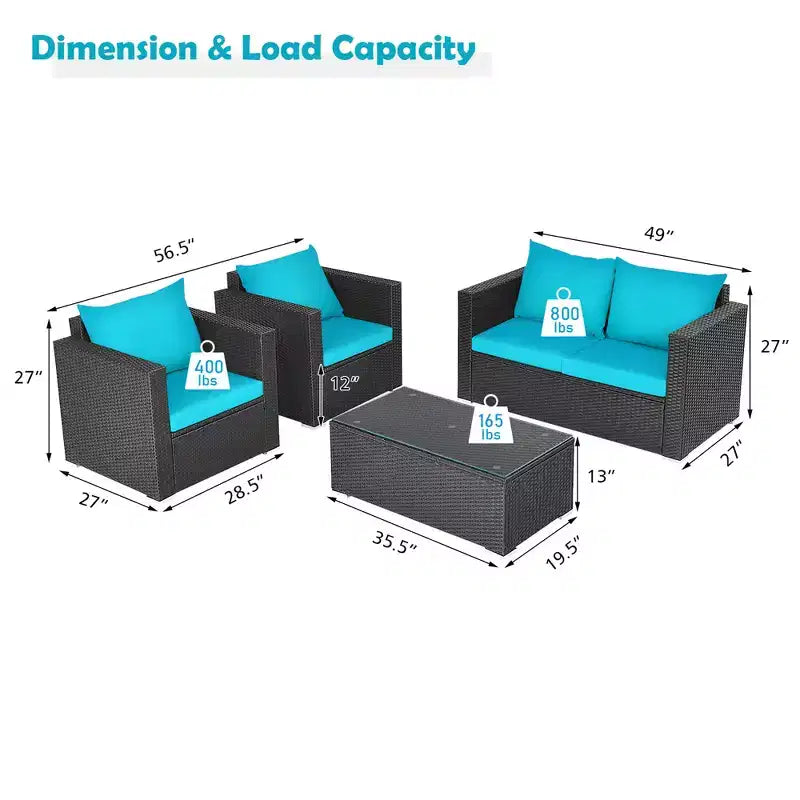 Conjunto Costway de 4 piezas para patio con sofá y silla de ratán acolchados y mesa de café, turquesa