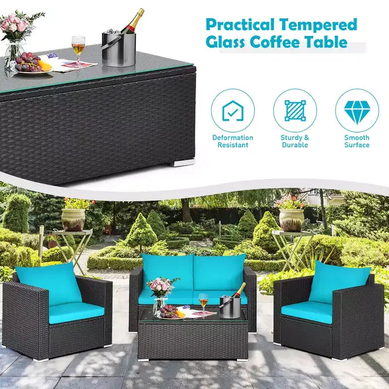 Conjunto Costway de 4 piezas para patio con sofá y silla de ratán acolchados y mesa de café, turquesa