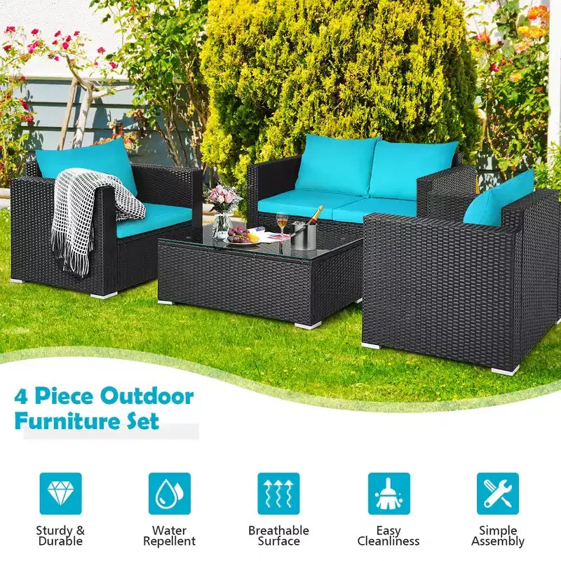 Conjunto Costway de 4 piezas para patio con sofá y silla de ratán acolchados y mesa de café, turquesa
