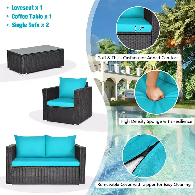 Conjunto Costway de 4 piezas para patio con sofá y silla de ratán acolchados y mesa de café, turquesa