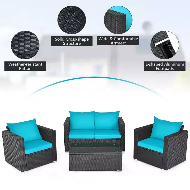 Conjunto Costway de 4 piezas para patio con sofá y silla de ratán acolchados y mesa de café, turquesa