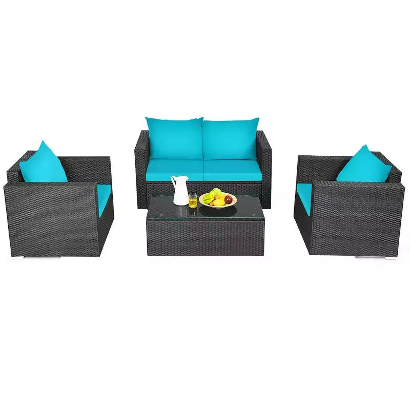 Conjunto Costway de 4 piezas para patio con sofá y silla de ratán acolchados y mesa de café, turquesa