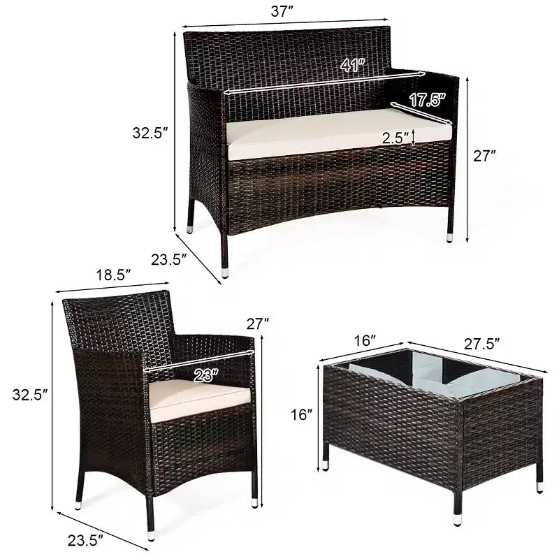 Conjunto de muebles de ratán para patio de 4 piezas Costway con sofá y sillas acolchados, mesa de centro y jardín