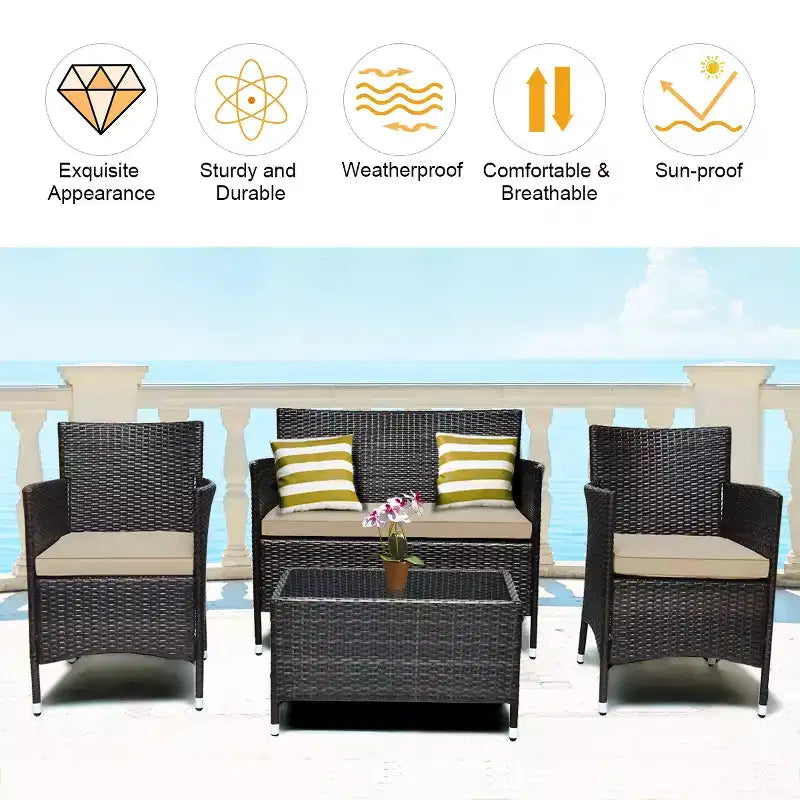 Conjunto de muebles de ratán para patio de 4 piezas Costway con sofá y sillas acolchados, mesa de centro y jardín